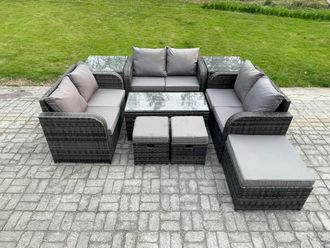 Fimous Outdoor Garden Furniture Sets 9 Pieces Wicker Rattan Furniture Sofa Sets with Coffee Table Love seat Sofa 3 Footstools 2 Side Tables