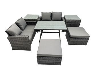 Fimous 6 Seater Outdoor Table Double Seat Sofa 2 Big Stool 2 Side Table Set in Dark Grey