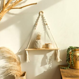 OEM Estanter&iacute;a De Pared De Madera De Estilo Bohemio Con Tejido De Macram&eacute; Para Sal&oacute;n, Ba&ntilde;o Y Balc&oacute;n, Estante Colgante Hecho A Mano - Crezuo