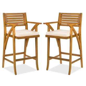 Best Choice Products Set of 2 Outdoor Acacia Wood Bar Stools Bar Chairs w/ Weather-Resistant Cushions