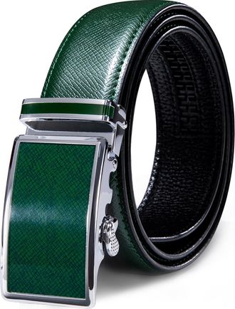 Barry.Wang Leather Ratchet Belts for Men - Green Belt 1 3/8 with Adjustable Automatic Slide Buckle Golf Belt - Trim to Fit