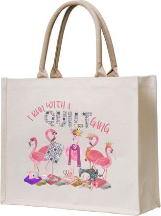 Generic I Run With A Quilt Gang Canvas Tote Bag For Sewers & Knitters, Sewing Theme Reusable Grocery Bag, Funny Crafting Gift For Women, Large Capacity Canvas
