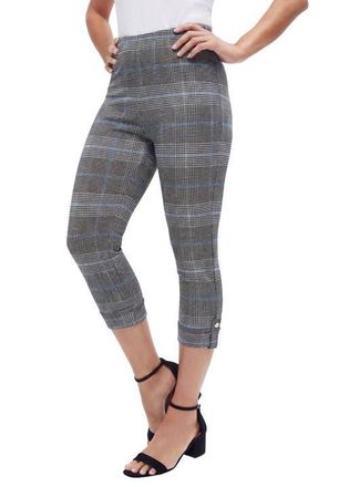 Jessica London Stretch Cotton Cuff-Button Capri Legging in Black Blue Plaid at Nordstrom, Size Medium