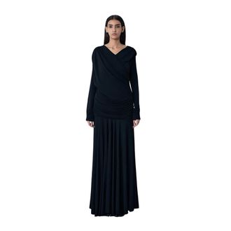 Ganni V-hals Gerimpelde Maxi Jurk - Dames - Maxi kleedjes - Zwart - 4XS - Kleedjes