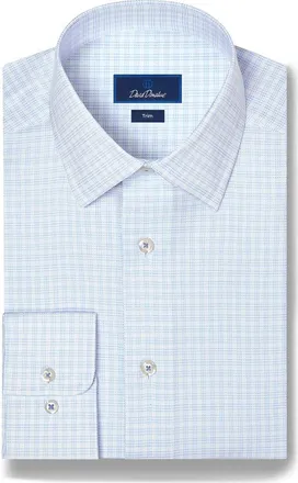David Donahue Trim Fit Check Stretch Cotton Twill Dress Shirt in White/sky at Nordstrom, Size 17.5