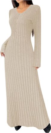 Generic Winter Jumper Dress for Women UK Round Neck Knitted Sweater Skirts Button Front Midi Ladies Long Sleeve Bodycon Casual Party Tunic Dresses XL Khaki