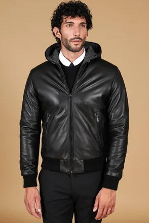 D'Arienzo Giubbotto Bomber in pelle nera con cappuccio effetto liscio DArienzo, Seleziona Taglia 46, Colore Nero