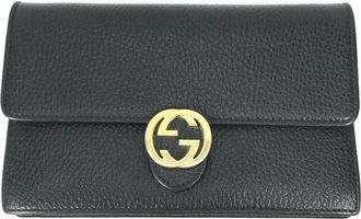 Gucci Gold Black Leather Chain/Shoulder Wallet (Pre-Owned)