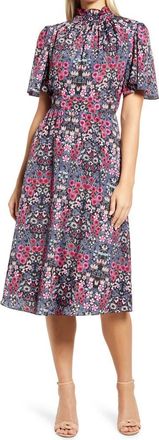 Julia Jordan Ruffle Neck Flutter Sleeve A-Line Dress in Fus Multi at Nordstrom Rack, Size 2