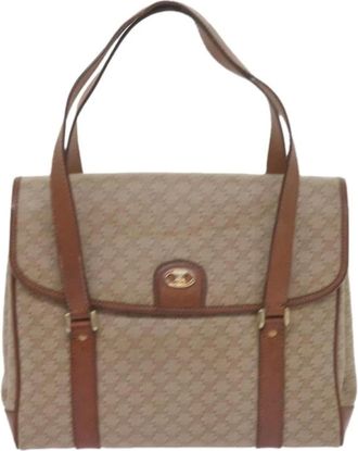 Celine Pre-owned Handbags, female, Beige, Size: ONE SIZE Pre-owned Vintage Monogrammed Leather Trimmed Tote Bag