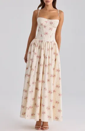 House of CB Rona Floral Stretch Cotton Maxi Cocktail Dress in Cream Rose Print at Nordstrom, Size X-Large A