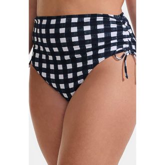 Lands End Plus Size Pique High Waisted Adjustable Bikini Bottoms in Navy Gingham Pique at Nordstrom, Size 16W
