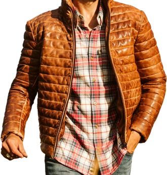 Generic Mens Puffer Down Jacket Real Lambskin Leather Bubble Down Puffer for Stylish Winter Wear (UK, Alpha, XL, Regular, Regular, Distressed Tan)