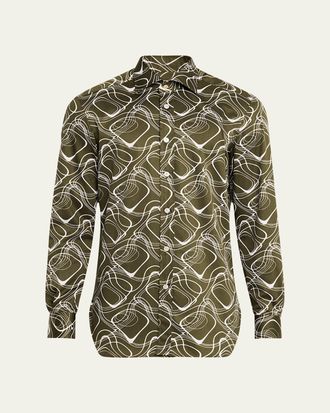 Kiton Mens Cotton Wave-Print Sport Shirt