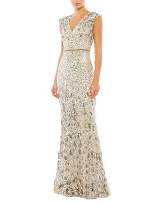 Mac Duggal Beaded V Neck Cap Sleeve Column Gown