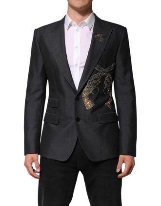 Dolce & Gabbana Mens Dark Gray Bee Embroidery Wool Coat Blazer Clothing