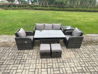 Fimous Wicker PE Rattan Garden Furniture Set Outdoor Rectangular Dining Table & Chair Sofa Set With 2 Small Footstools in Dark Grey