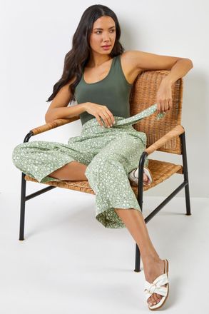 Roman Ditsy Floral Elastic Tie Waist Cropped Culottes