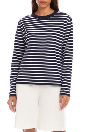Karen Kane Stripe Crewneck Long Sleeve Cotton Top in Navy/white at Nordstrom, Size X-Large