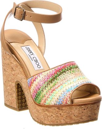 Jimmy Choo London Deven 125 Raffia & Leather Wedge Sandal