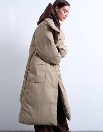 Topshop Piumino taglio lungo color pietra con cintura e collo a imbuto-Neutro