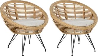 Beliani Conjunto De 2 Sillas Boho Rat&aacute;n Beige Claro Coj&iacute;n Tela Algod&oacute;n Resistencia Media Interior Natural Maratea