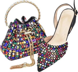 Generic Women Rhinestone Decoration Shoes and Bag Set Nigerian Styele Wedding Party Casual Suit Black