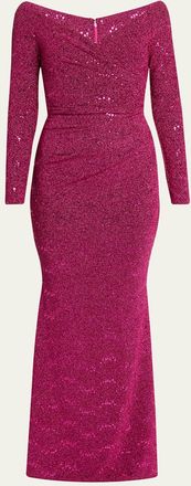 Talbot Runhof Sequined Off-Shoulder Long-Sleeve Gown