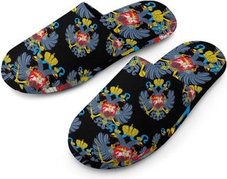 Generic Coat of Arms of Russia Flannel Mens Slip-on Slippers Winter Warm House Shoes with Rubber Sole for Home Hotel