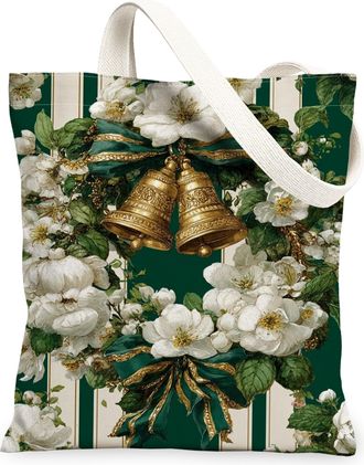 Generic Elegant Floral Canvas Tote Bags, Vintage Botanical Print Reusable Grocery Bags, Stylish Lightweight Washable Shoulder Strap, Green, 13x15 Inch