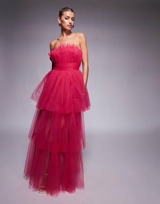 Lace & Beads bandeau tulle maxi dress in bright pink