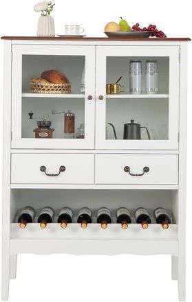 Costway Costway - Mobile Contenitore Indipendente, Con 2 Porte In Vetro Temperato, 2 Cassetti, Portabottiglie Aperto, Stazione Bar Ad Angolo Per Sala Da Pranz