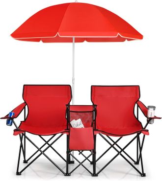 Costway Costway Sillas De Camping Con Sombrilla Silla Plegable Taburete De Pesca Doble Con Portavasos Para Exterior Picnic Senderismo Barbacoa (rojo)