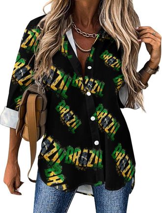 Generic Brazil Flag Button Down Shirts for Women Long Sleeve V-Neck Casual Loose Fit Blouse Tops 3XL