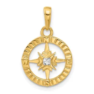 Diamond2Deal 14k Yellow Gold White Rhodium Diamond-Cut Compass Pendant