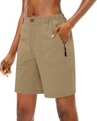 Generic Womens Lightweight Golf Shorts Quick Drying Breathable Zipper Button Sports Shorts with Elastic Waistband Beach Short Pants with Pockets Khaki