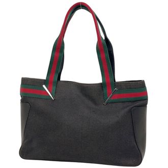 Gucci Sherry Line Black Denim Leather Tote Bag (Pre-Owned)