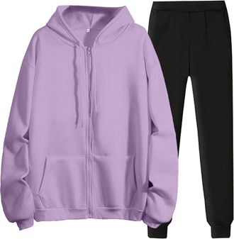 Generic Shffuw Women Long Sleeve Velour Tracksuit Lounge Wear Full Sets Autumn Winter Soft Comfortable 2 Piece Outfit Ladies Casual Zip Up Hooded Top and Draw