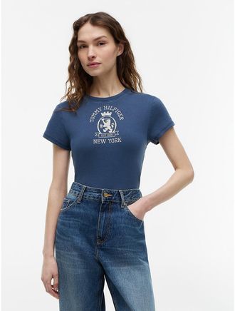 Tommy Hilfiger Womens Slim Fit Garment-Dyed Crest Logo T-Shirt - Navy - XL