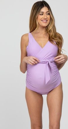 Pinkblush Waist Tie Maternity One-Piece Swimsuit in Lavender at Nordstrom, Size Medium