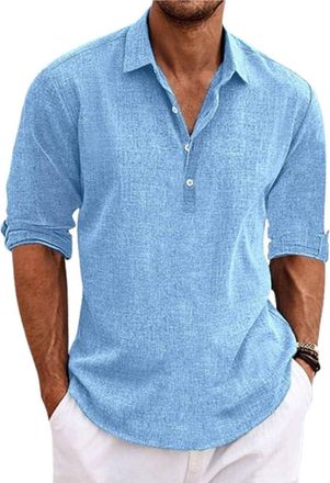 Generic Mens Linen Long Sleeve Button-Up Lapel Shirts,Sleeve Casual Beach Shirt with Stand Collar Loose Fit Summer Top,Casual Summer Beach Shirt (Blue,XXL)