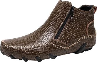 Generic Mens Crocodile Grain Leather Shoes Without Lacing Slip On Loafers Side Zip Leather Shoe Block Heel Non Slip Causal High Top Footwear for Daily Office 