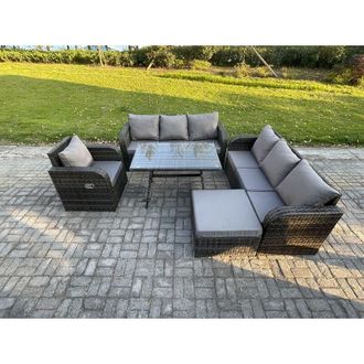 Fimous Outdoor Lounge Sofa Set Wicker pe Rattan Garden Furniture Set with Rectangular Dining Table Reclining Chair Big Footstool Side Table Dark Grey Mixed