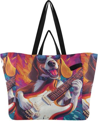 Generic Guitar Dog Player Colorful pattern Reusable Canvas Tote Bag, Heavy Duty Grocery Shopping Bag with Double Handles Large Capacity Hard Bottom Work Groce