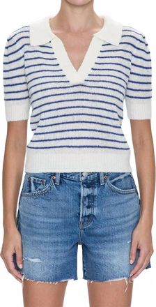Pistola Denim Billie Pleat Short Sleeve Top In Navy Blue And White Striped
