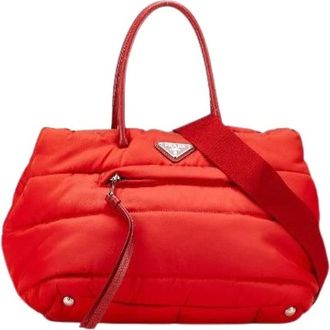 Prada Pre-owned Handbags, female, Red, Size: ONE SIZE Pre-owned Triangle Logo Plate Nylon Leather 2way Bag