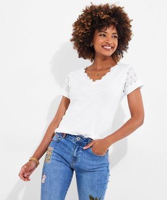 Joe Browns Eyelet V-neck Tee in White at Nordstrom, Size Small