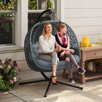 OUTSUNNY Double Hanging Swing Chair w/ Stand & Cup Holders, Charcoal Grey in Dark Grey