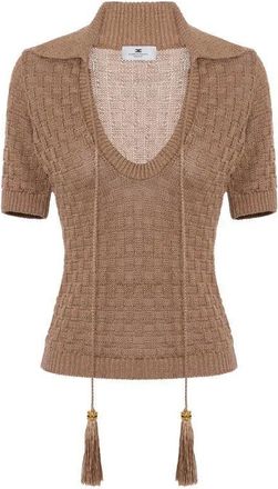 Elisabetta Franchi Truien & Vesten, Dames, Bruin, M, Linnen, Gebreide Top met Kwastjes