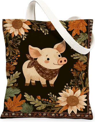 Generic Autumn Floral Canvas Tote Bags, Cute Pigs Design Reusable Grocery Bags, Vintage Rustic Lightweight Washable Shoulder Strap, Black, 13x15 Inch